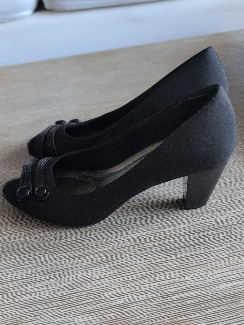 Coach and Four Black Peep-Toe Heels Pumps with Patent Trim 6.5